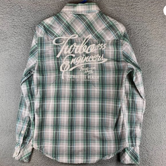 Petrol Industries Green Gray Plaid Button Up Shirt Turbo Engineers Back Medium - Picture 2 of 10